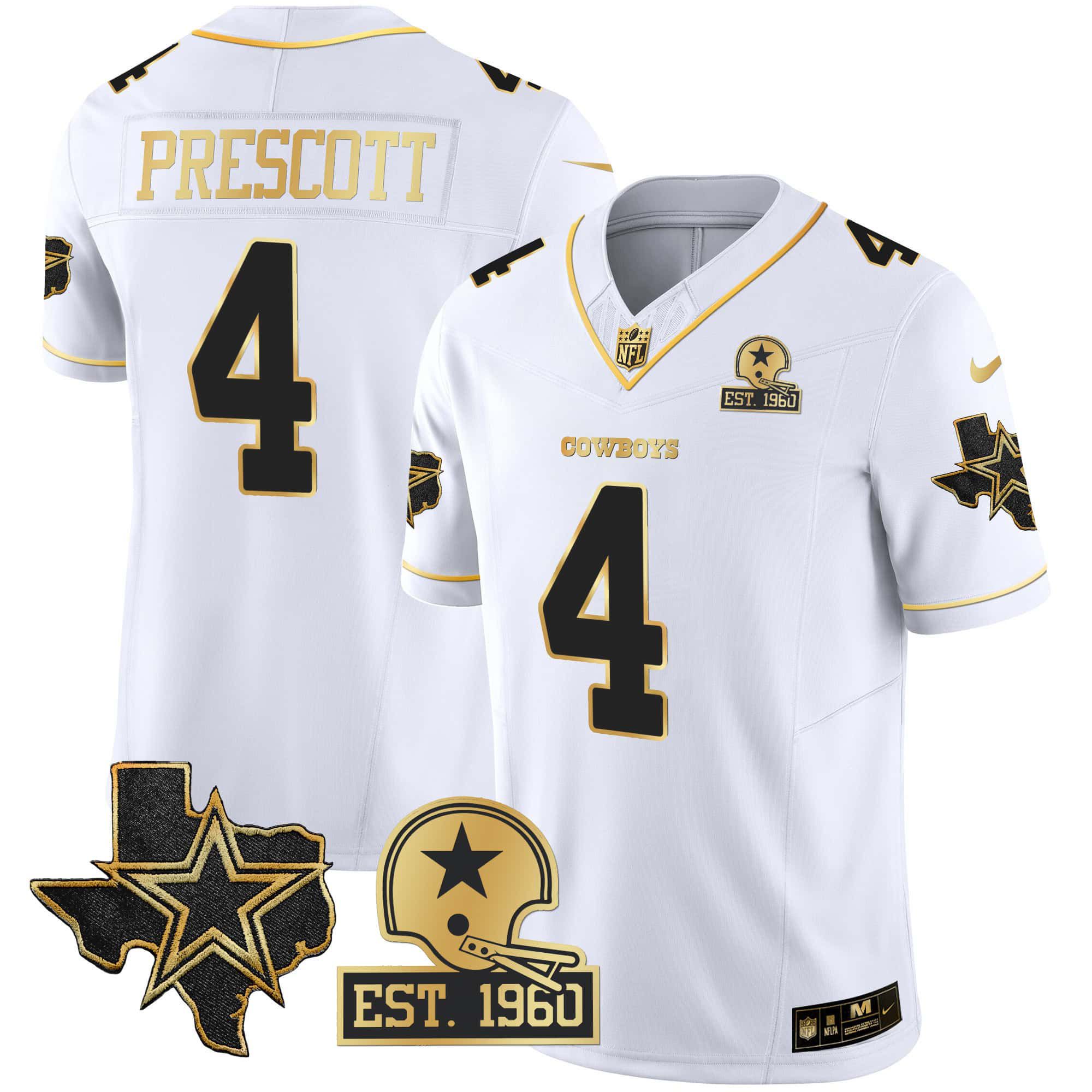 Men Dallas Cowboys 4 Prescott White Gold 2024 Nike Patch Vapor NFL Jersey